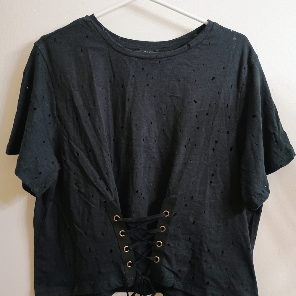 Iris Black Lace-Up Short Sleeve Tee